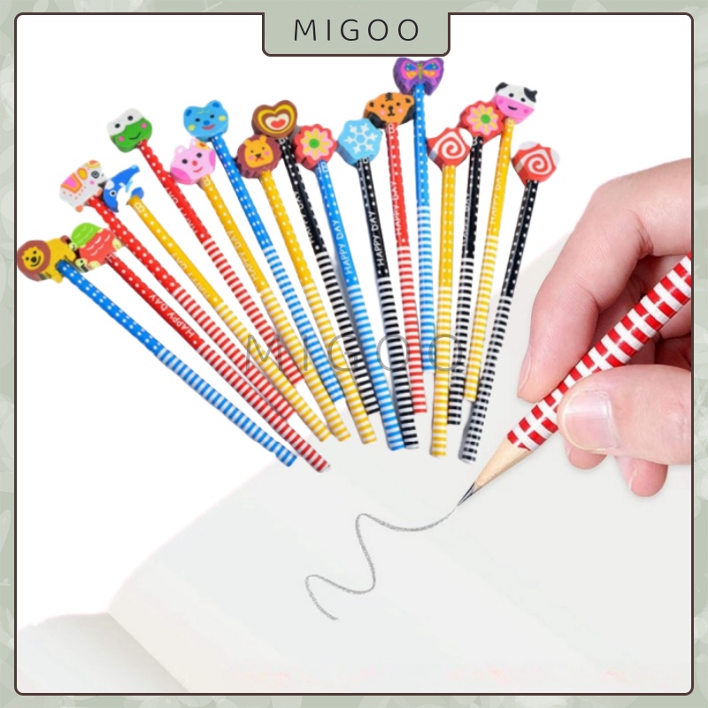 

MiGoo Pensi Ada Penghapus Karakter Unik Lucu Motif Garis Polkadot Pensil Karakter + Penghapus Pensil Lucu Ada Penghapus HB Kayu