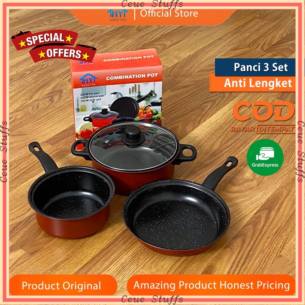 PROMO  ANTI LENGKET MURAH  Panci Set 3 IN 1 Anti Lengket Panci Isi 3 Tutup Kaca Panci Set Pot Cookwa