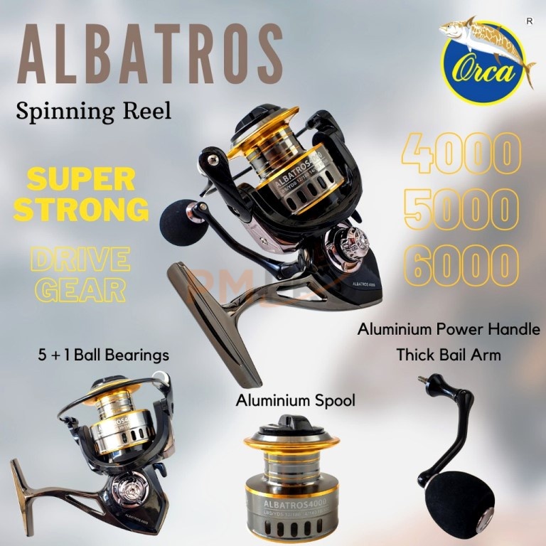 Reel Orca Albatros 4000 5000 6000 Power Handle 5+1 Ball Bearing Aluminium Spool / Rell Gulungan Sena