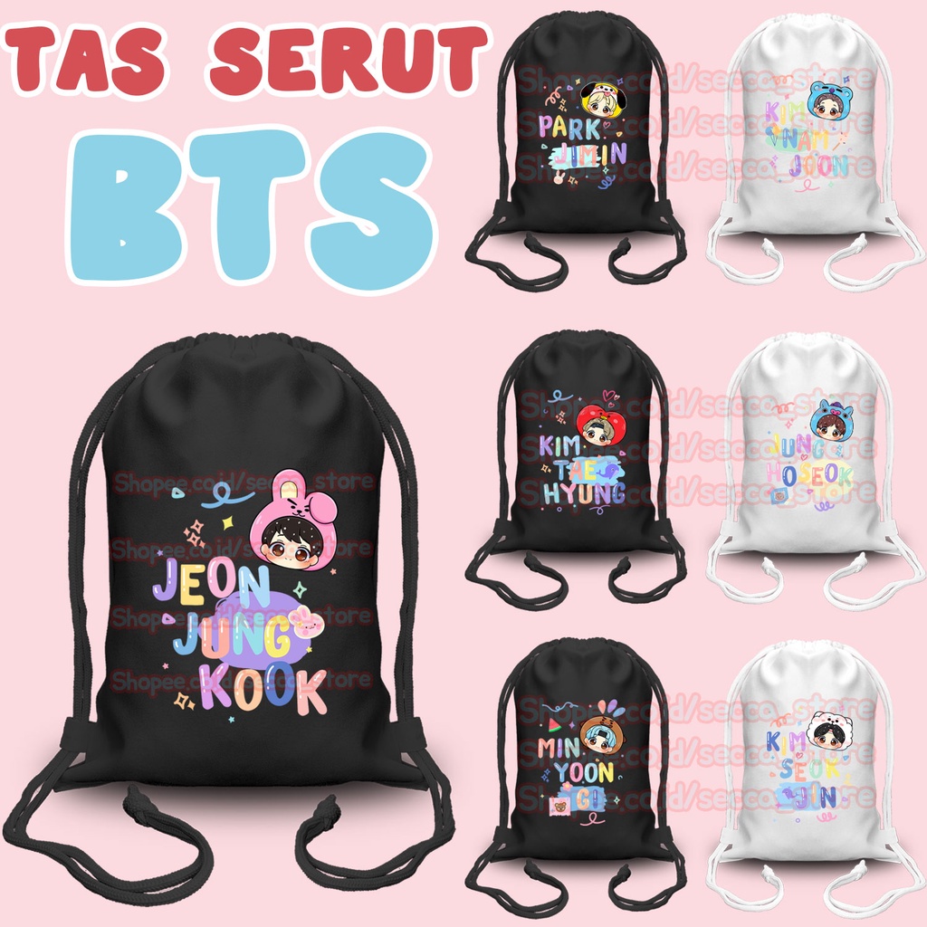 Tas Serut BTS Kanvas Tebal Hitam / Putih Kpop BTS Tas Gendong Serut Gambar Korea Tebal Premium Tote 