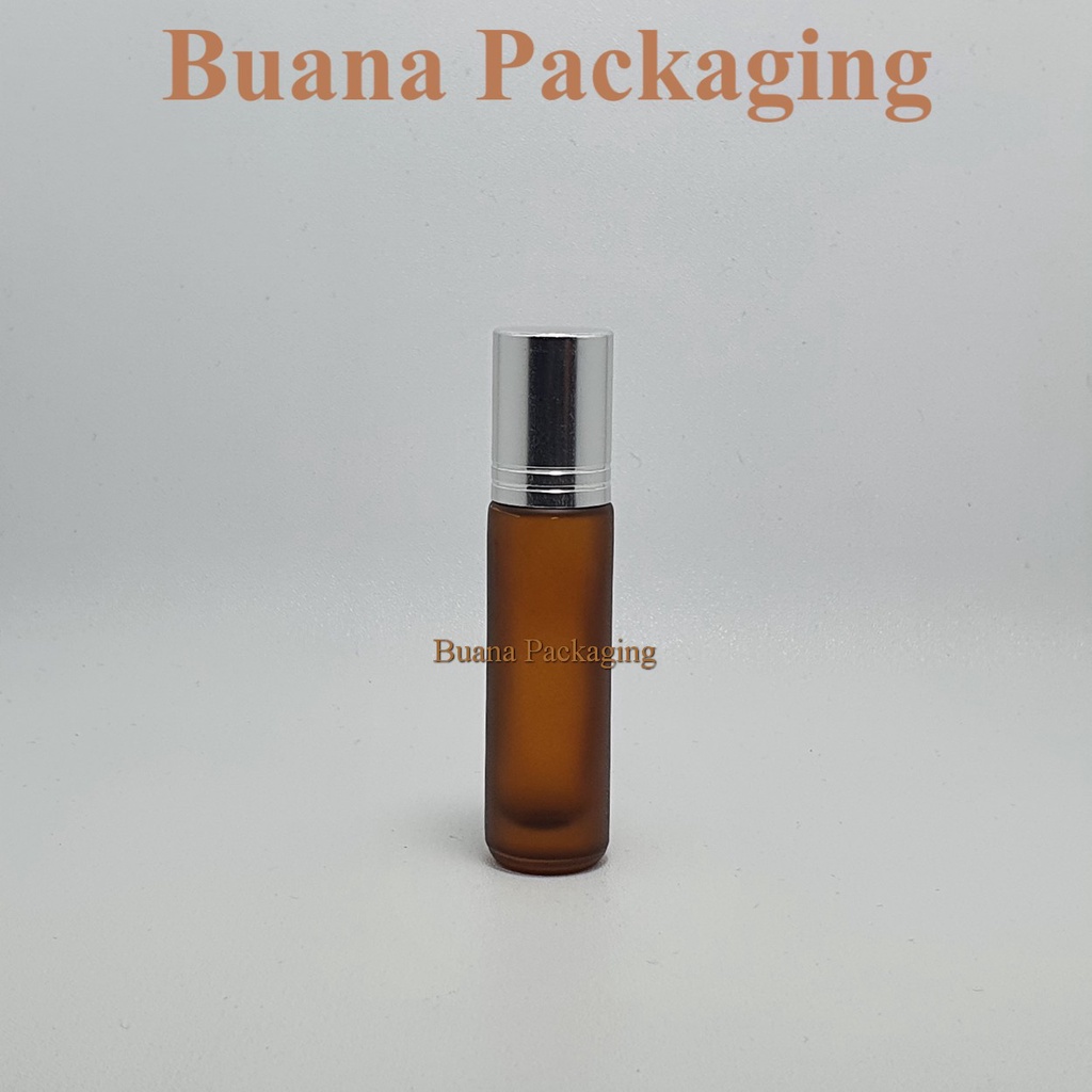 Botol Roll On 10 ml Amber Frossted Tutup Stainles Silver Shiny Garis Bola Plastik Natural / Botol Roll On / Botol Kaca / Parfum Roll On / Botol Parfum / Botol Parfume Refill / Roll On 10 ml