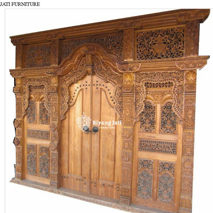 Termurah pintu gebyok kayu jati model jawa klasik ukuran 4 meter cat natural