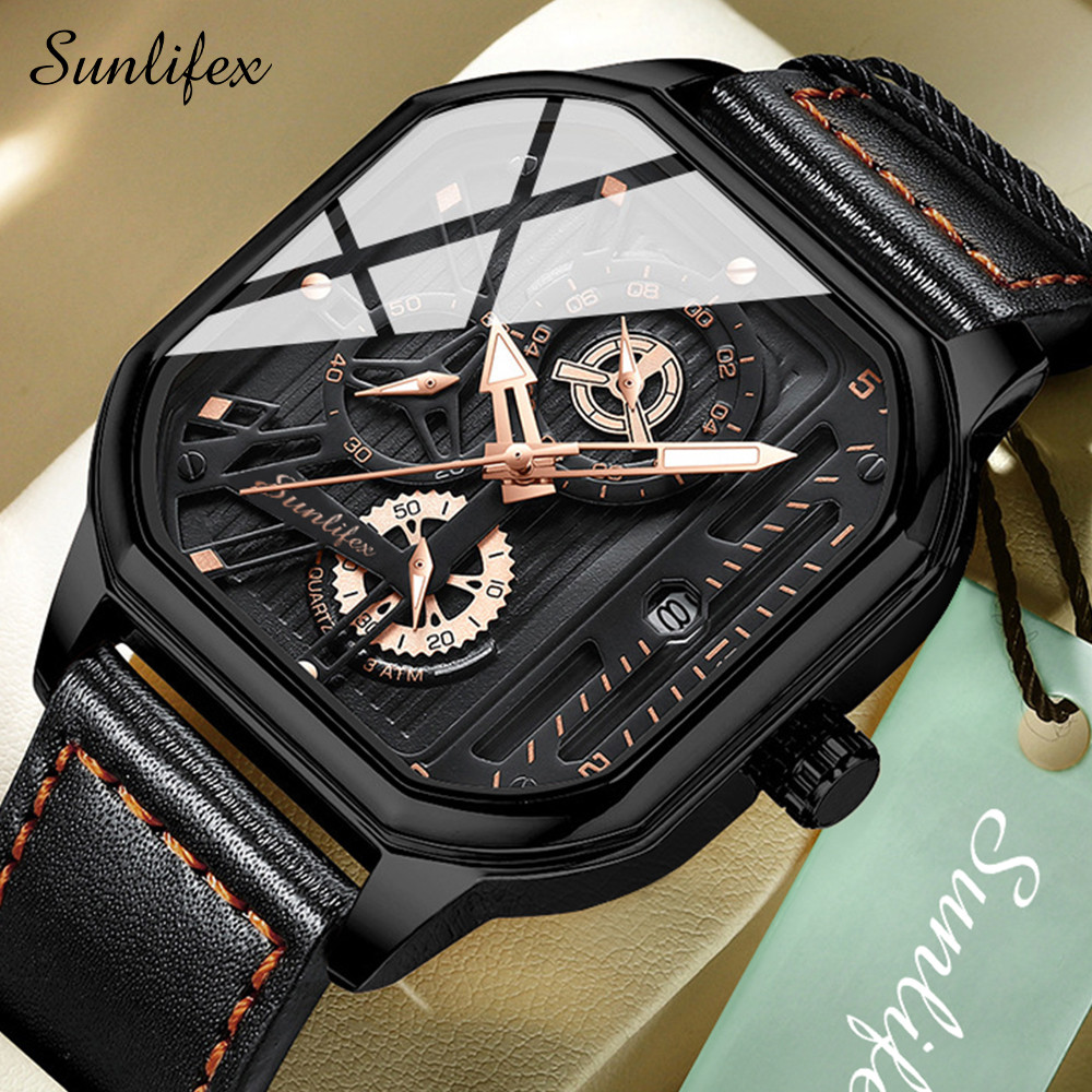 Sunlifex Jam Tangan Pria 9095 Kuarsa Olahraga Kasual Tali Kulit Pria Jam Tangan Cowok /New Update 20