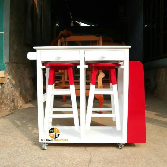 Meja Makan Minimalis Portable - Bangku Bulat - Meja Dapur Troli - Roda