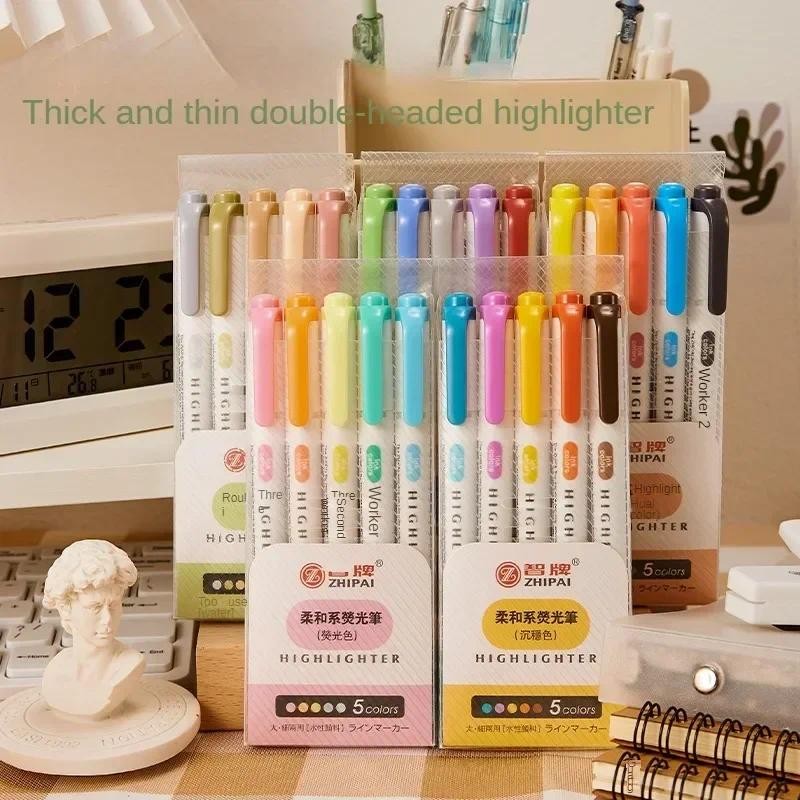 

5 Colors/box Double Headed Highlighter Pen Set Fluorescent Drawing Markers Highlighters Pens Art Japanese Cute Pastel Stationery