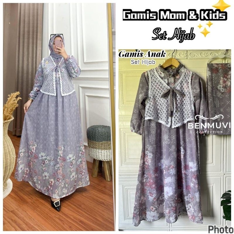 TA28 YURA DRESS Anak Set Hijab Gamis Ceruty motif mix Brukat Gamis mom & kids Perempuan Terbaru