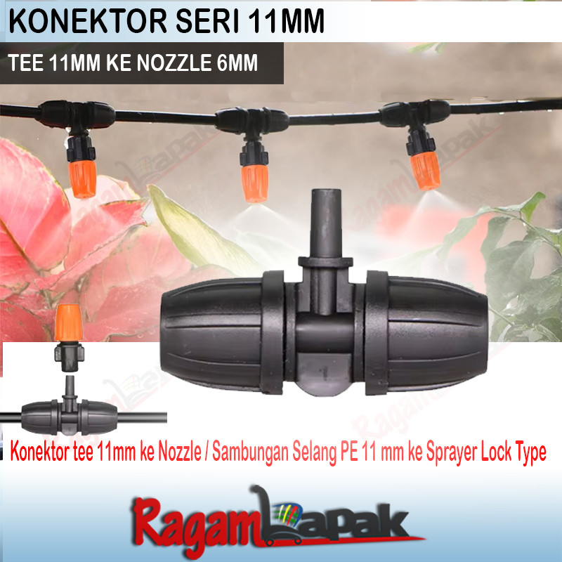 Konektor TEE Selang PE 11 mm ke nozzle 6mm Tee 11mm ke sprayer 6mm