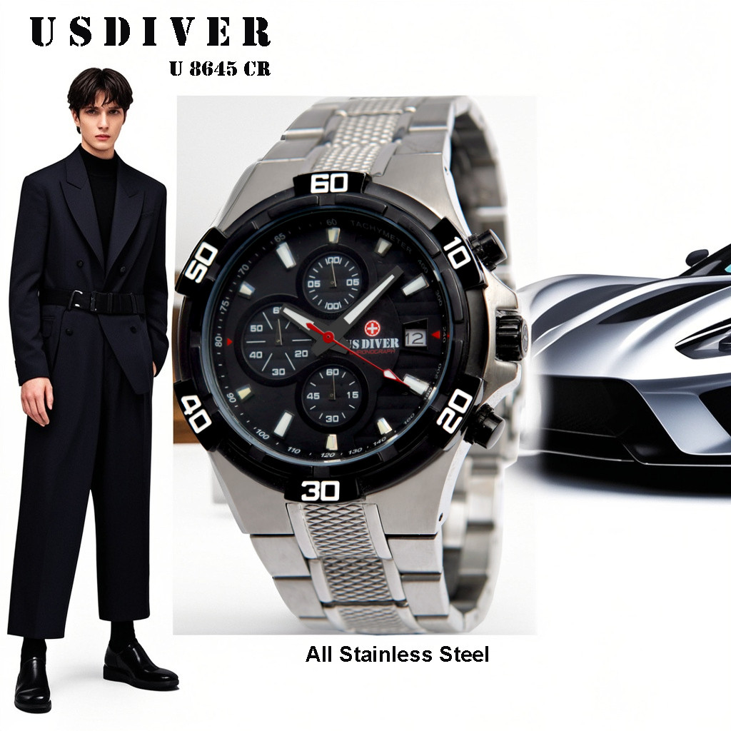 USDIVER U 8645 / U8645 Jam Tangan Pria Analog All Stainless Steel Water Resistant Bergaransi 1 Tahun