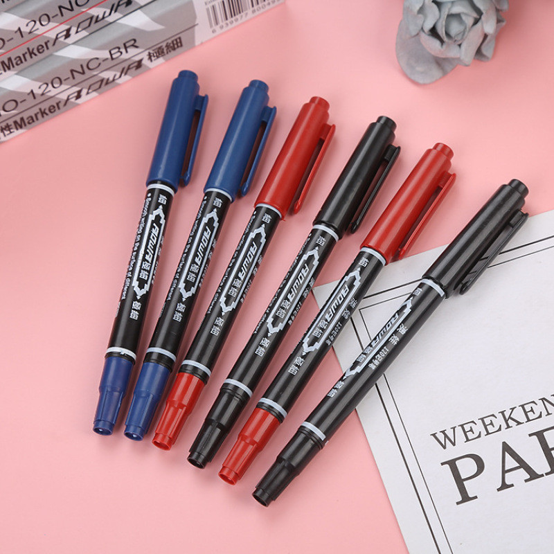 

10Pcs Permanent Markers Pen 0.8 2mm Nib Double Headed Waterproof Black Blue Red Pen For Student Paper Steel CD Glass