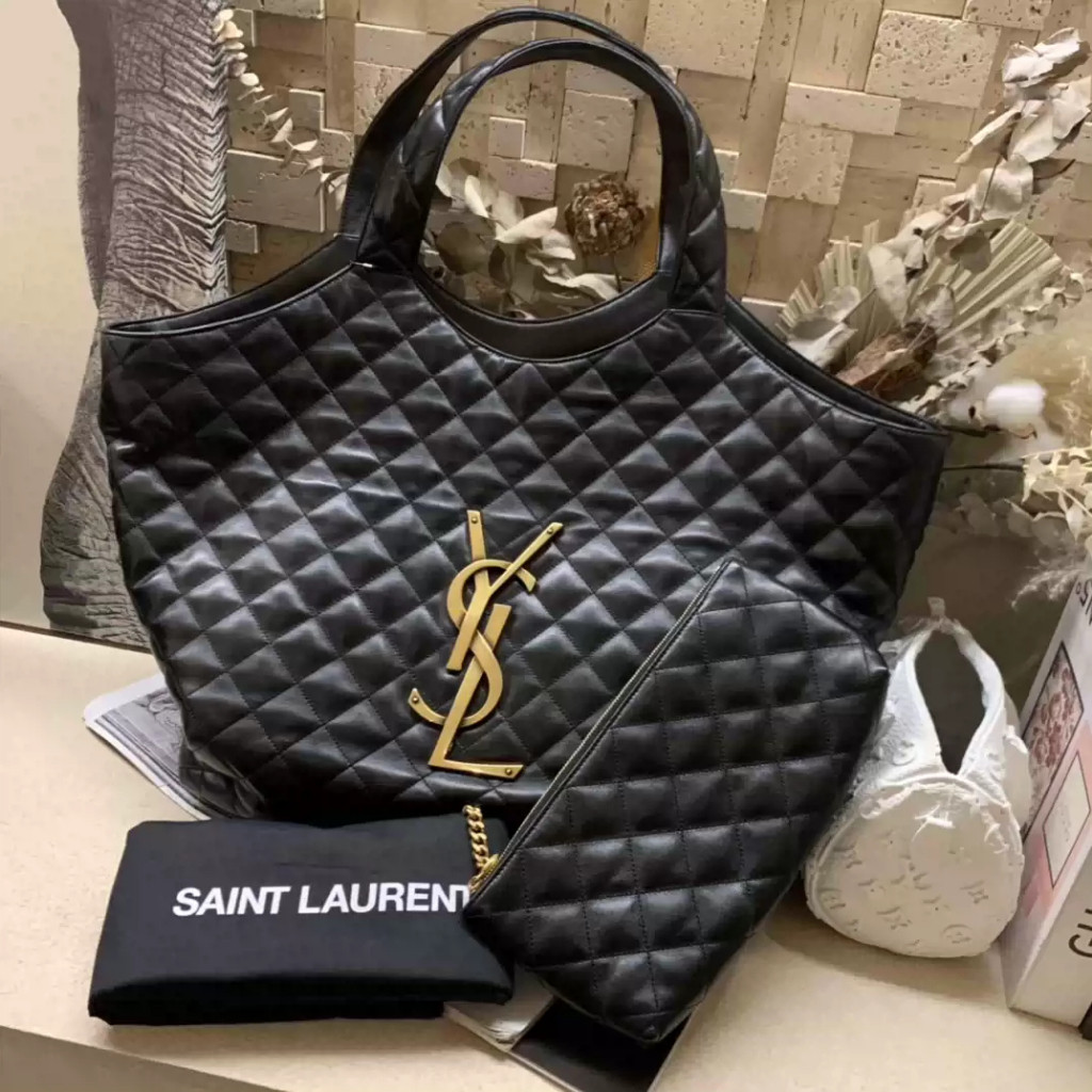【bekas asli】（698651） Yves Saint Laurent ICARE XL Tas Belanja Kulit Domba/Tas Bahu/Tas Tangan/Tas Tot