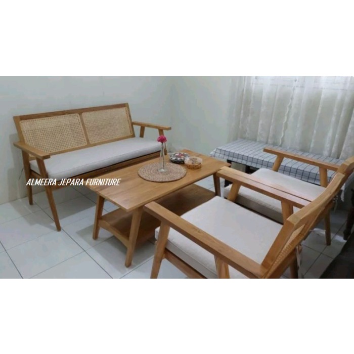Kursi Tamu retro minimalis kayu jati mix rotan/ Kursi Jengki Modern