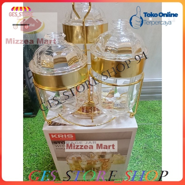 MizzeaMart Krishome Set 3 Pcs Stoples Dengan Rak - Gold/tempat kue lebaran set mewah/tempat kue leba