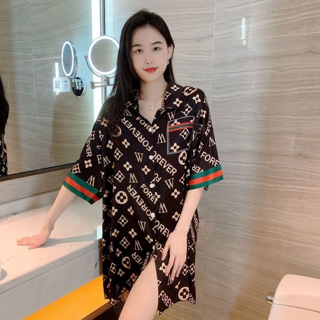 [COD]Gaun tidur loose fit/piyama dress tidur korea wanita jumbo logo elegan mewah