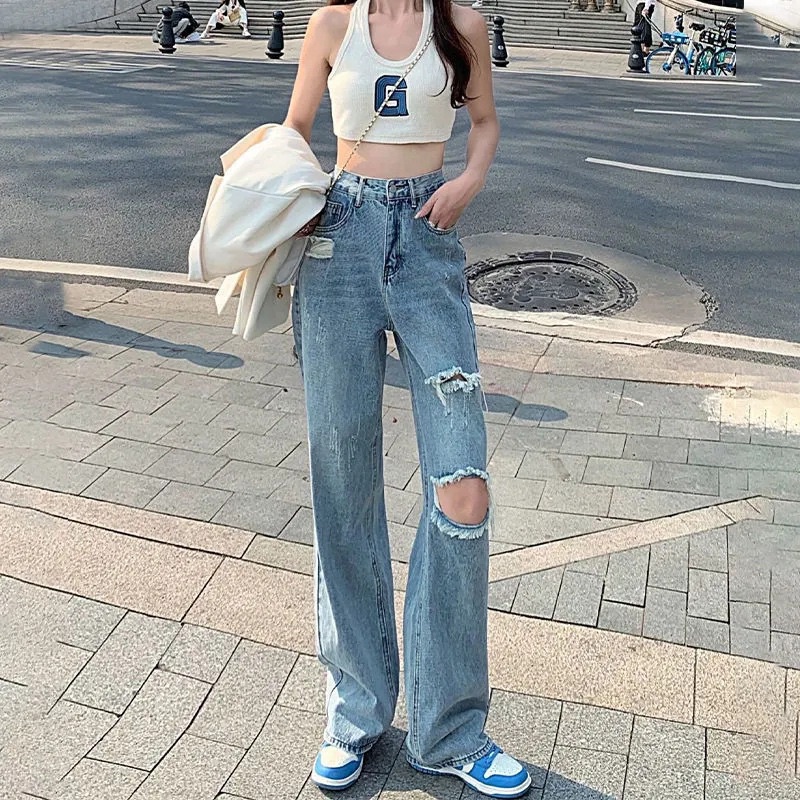 JEANS HW RIPPED HIGHWAIST DENIM PANTS CELANA SOBEK SK668