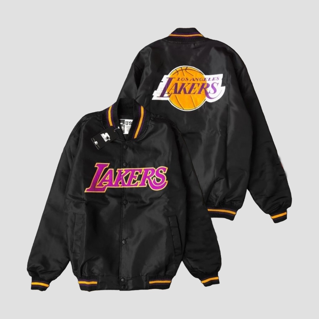 Jaket Varsity Baseball Unisex  Bomber Full Bordir Lakers Black HD Premium Distro