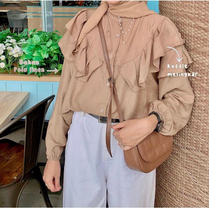 KEMEJA BLOUSE RUFFLE  / Blouse Wanita Cute Terlaris / Blouse Ruffle Polo Linen Rafella /kemeja ruffl