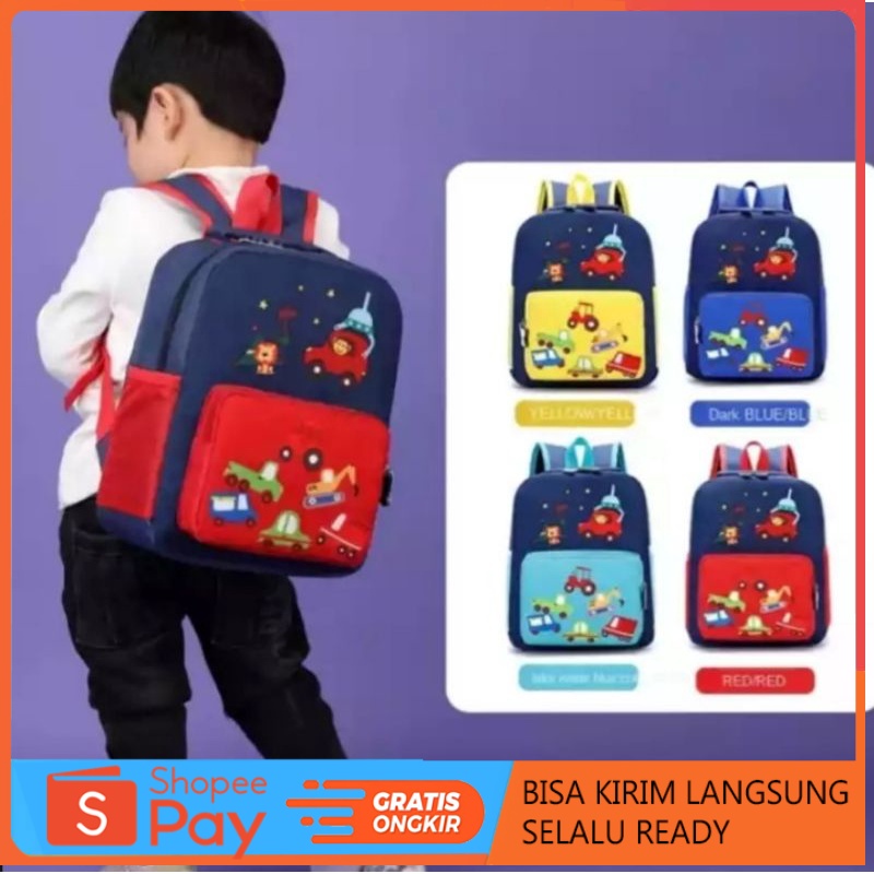 Promo Tas sekolah anak Laki laki TK SD gambar Mobil | Tas Ransel anak tk sd bahan kanvas dinir muat 