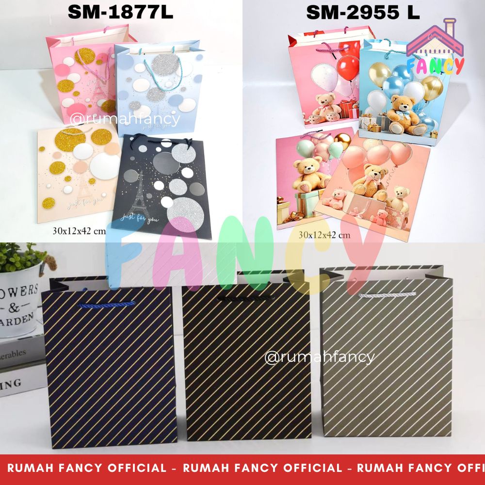 

Paper Bag/ Goodie Bag/Hand Bag Kertas / Tas Serbaguna EXCLUSIVE GLITTER Tali UK.L (30 X 42 CM)Teddy Bear Balloon / Polkadot Paris/ Garis Salur