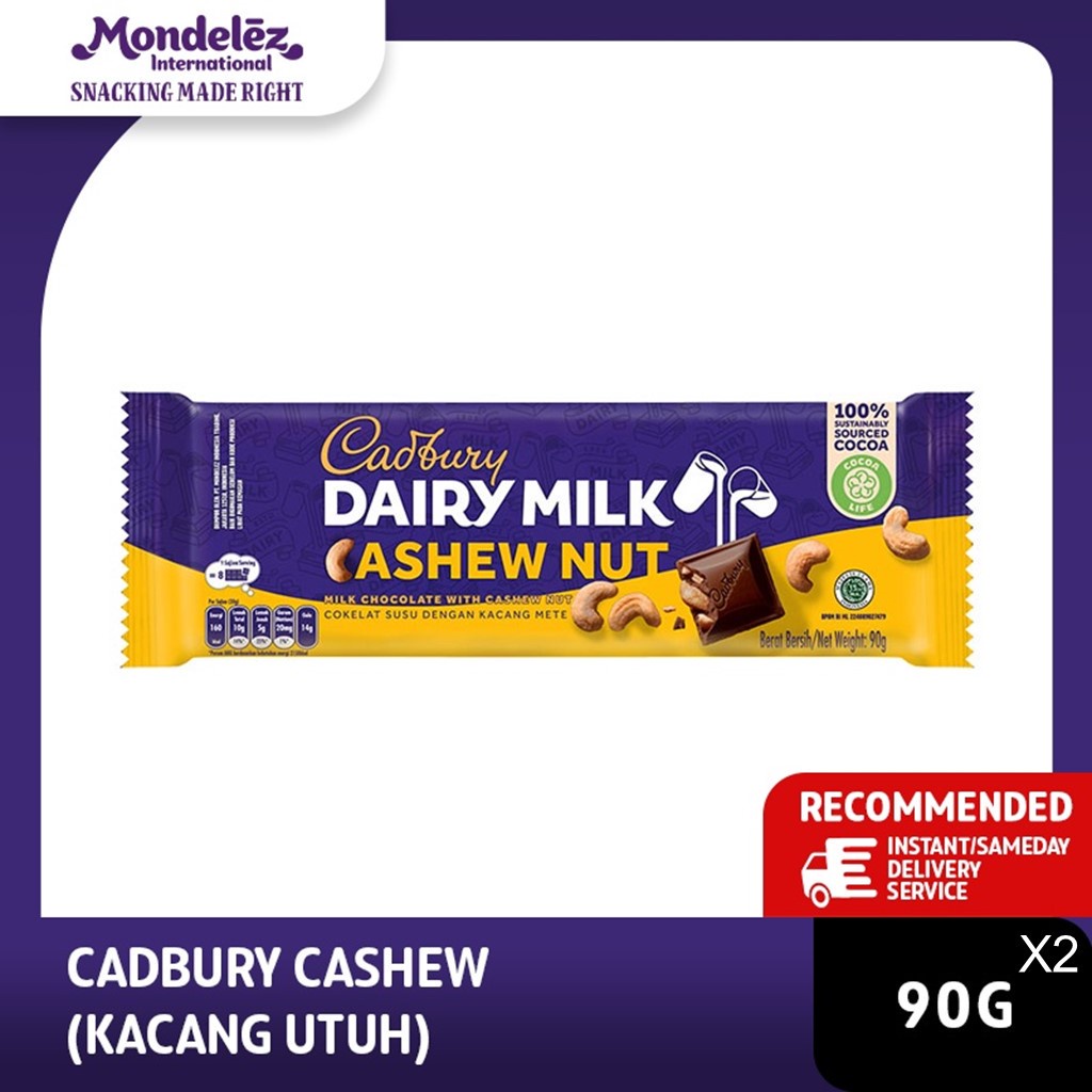 

Cadbury Coklat Cashew Whole Nut Regular 90g, coklat dan susu yang lembut dengan potongan kacang - twinpack
