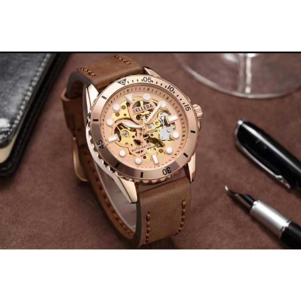 Buy 1 Get 1 Jam Tangan Pria Belleda 9352 Tali kulit Mesin Otomatis Bergaransi Resmi