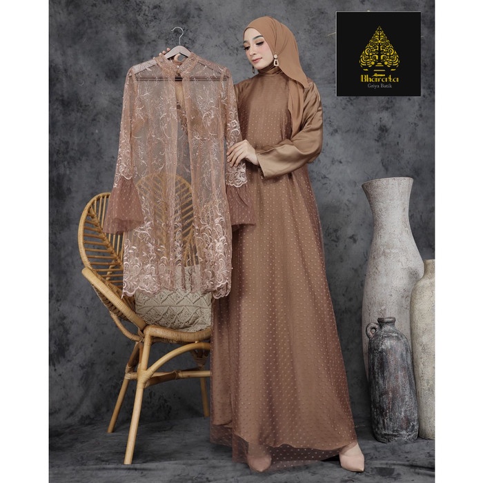 PAKAIAN WANITA GAMIS MUSLIM DRESS OUTER LEPAS BRUKAT LEBARAN PREMIUM - mocca, M