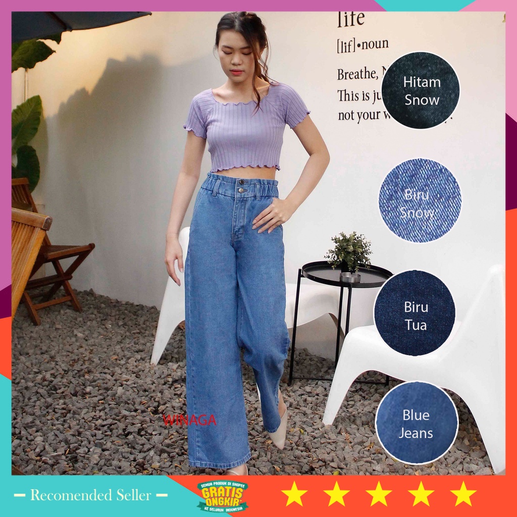 Celana Kulot Jeans Wanita Murah Style Korea Kekinian / WINAGA- HighWaist Kulot Ban Karet Kancing 2 J
