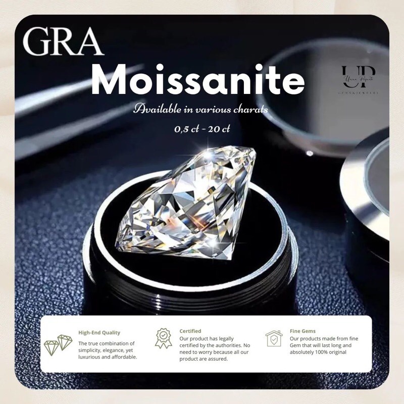 Diamond Moissanite 20 ct GRA Certificate Banyak Ukuran Asli Original