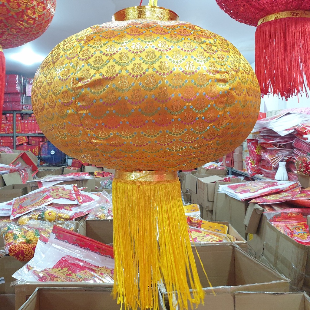Lampion Imlek Bulat 80 Cm Kain Emas Merah 2 PC Manik Payet Glitter