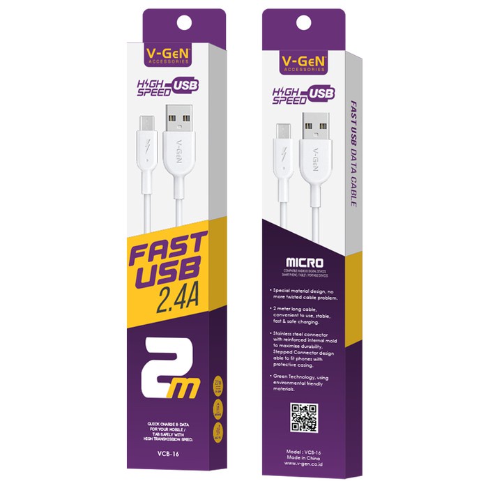 Kabel Data Micro USB VGEN VCB16 Fast Charging MicroUSB Data Cable V-Gen VCB-16 2Meter Original