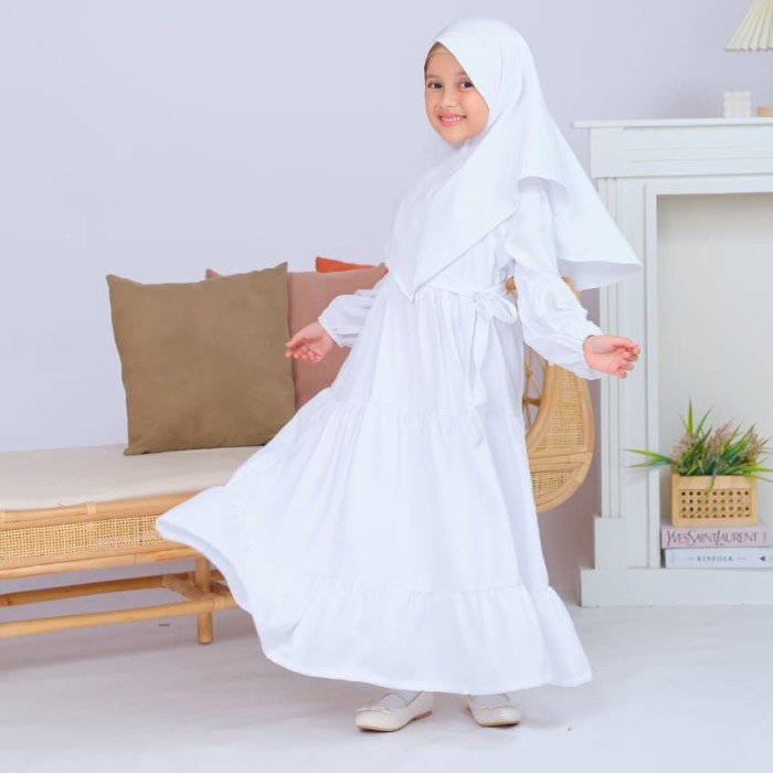 GAMIS PUTIH DELIFA BAJU MUSLIM SERAGAM MANASIK ANAK REMAJA PEREMPUAN - White, M