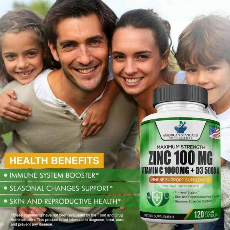 American Standard Supplement Zinc 100mg, Vitamin C 1000mg, Vitamin D 5000 IU ( 3 in 1 )  120 Kapsul
