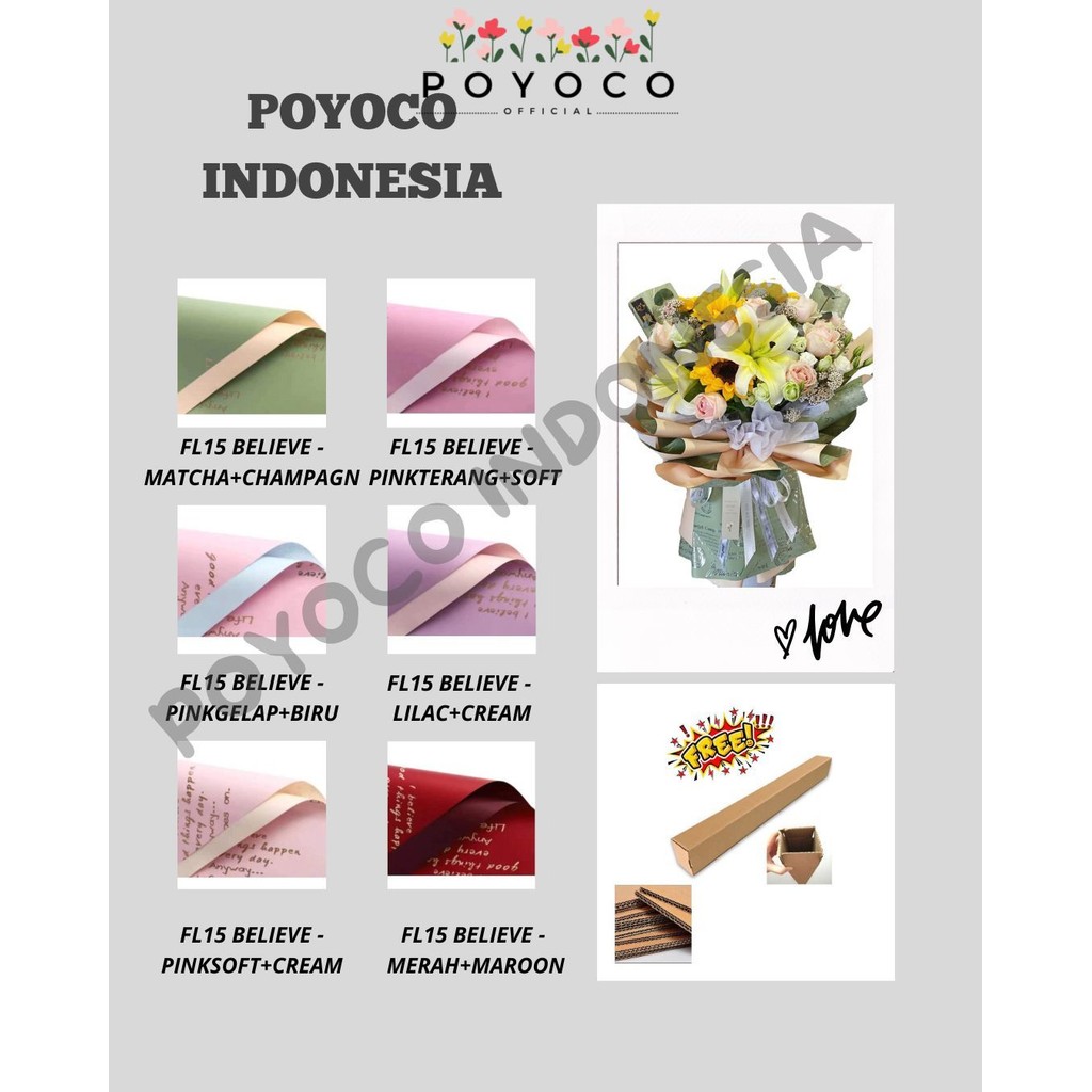 

POYOCO - (5 LEMBAR) - FL15 BELIEVE Kertas Bunga Paper Buket Motif Tulisan Text Florist Cellophane