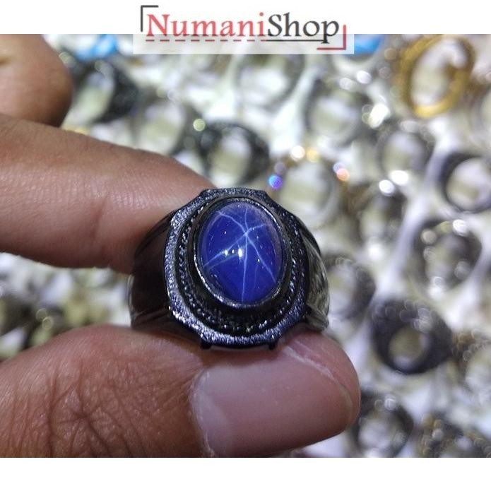Cincin Titanium Tanam Hitam Batu Permata American Star Biru HQ