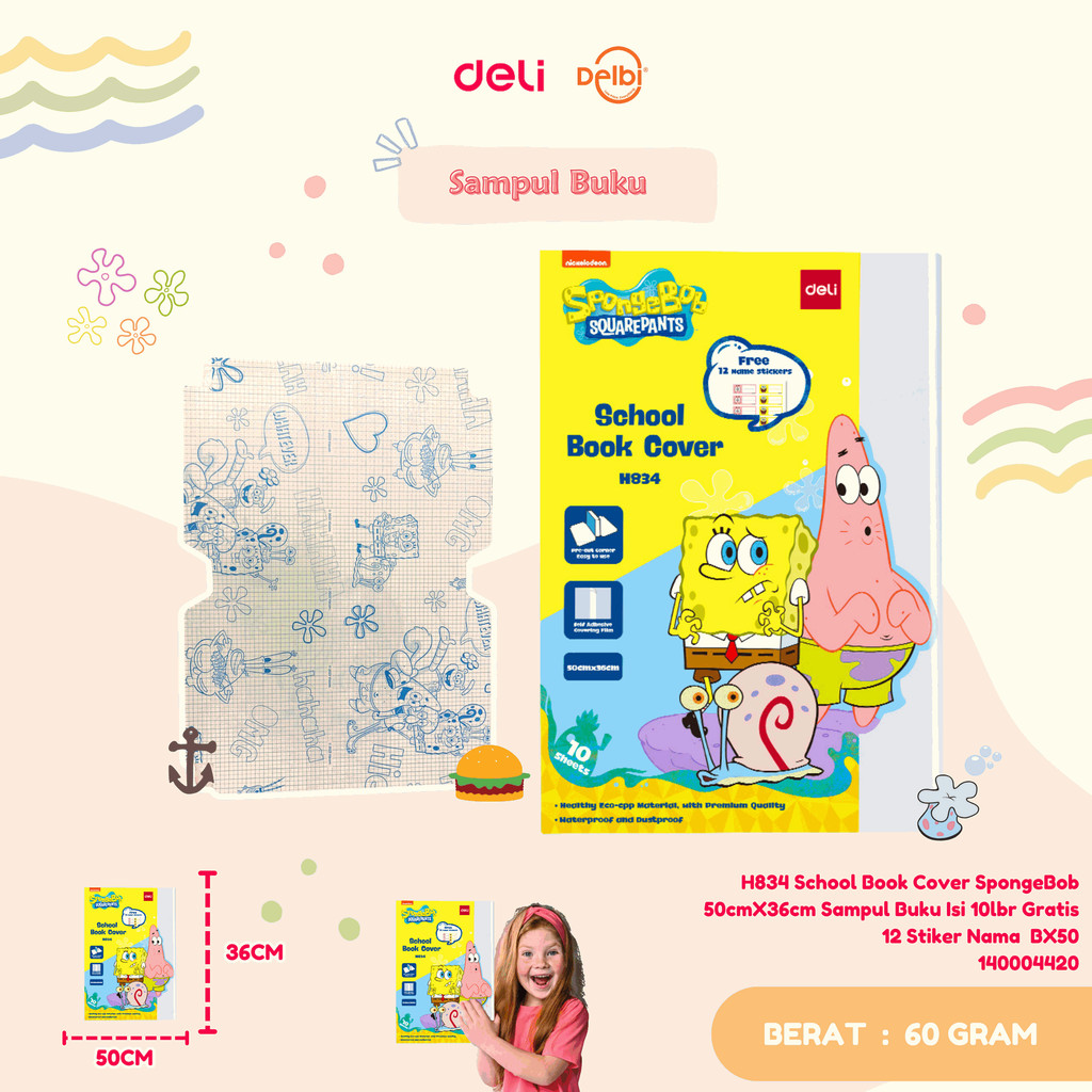 

DELI H834 School Book Cover SpongeBob 50cmX36cm Sampul Buku Isi 10lbr Gratis 12 Stiker Nama