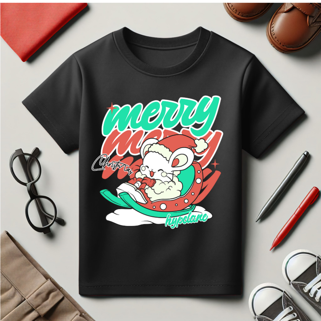 Baju Kaos Natal Christmas Anak Laki Laki dan Perempuan Karakter Tikus Santa Lucu Umur 1 - 10 Tahun