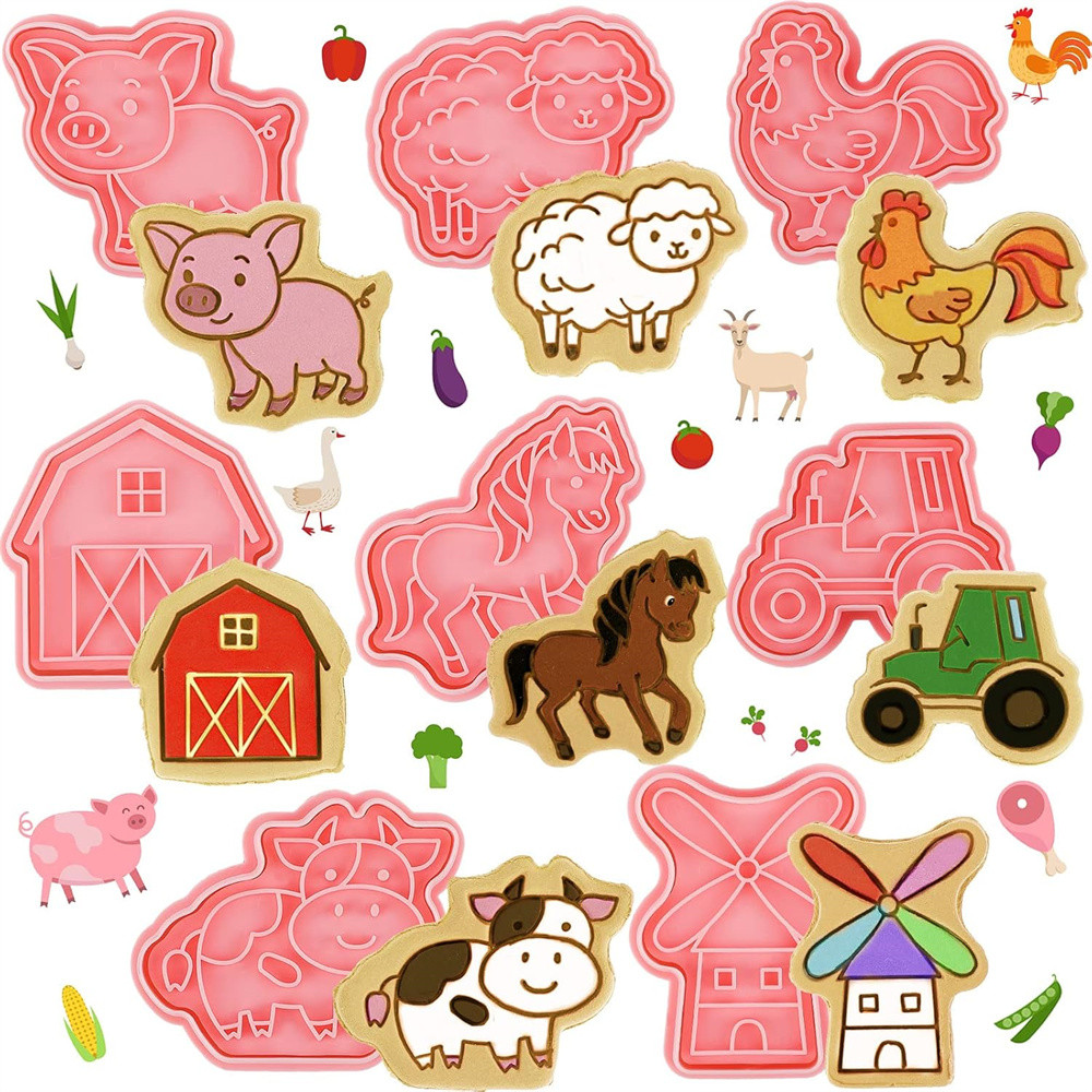 

8 PCS Farm Animal Cookie Mold Dough Stamp Plastic 3D Cartoon Pressable Cookie Mold DIY Candy Cake Baking Tools Pastry Decoration