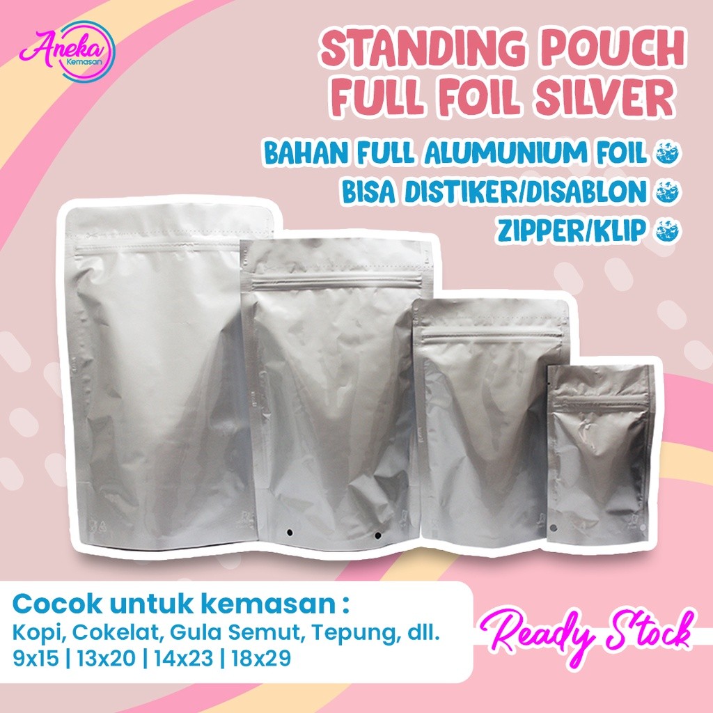 (1 PACK isi 10 PCS) Standing Pouch Alumunium Foil 9x15 Silver + Zipper