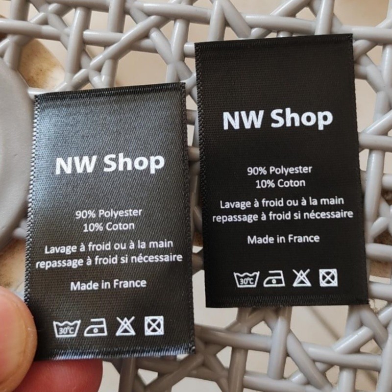 

500pcs Custom Black satin Washing Labels 3 * 5 cm Garment Tags for baby 90%Polyester 10%Coton Personalised Clothing Care Label