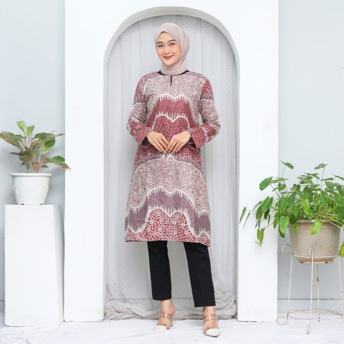 Baju Batik Wanita Tunik Modern Terbaru Warna Ungu Lilac #04
