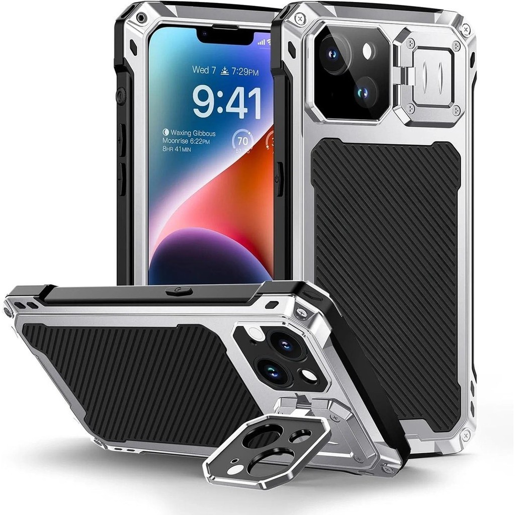 For iPhone 14 Pro Max 15 16 Plus Aluminum Metal Armor Magnetic Phone Case Lens Stand Screen Protect 
