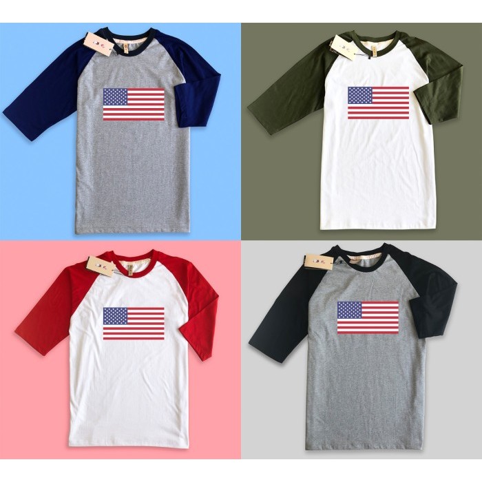 Baju Kaos Raglan premium USA flag america bendera Amerika - S