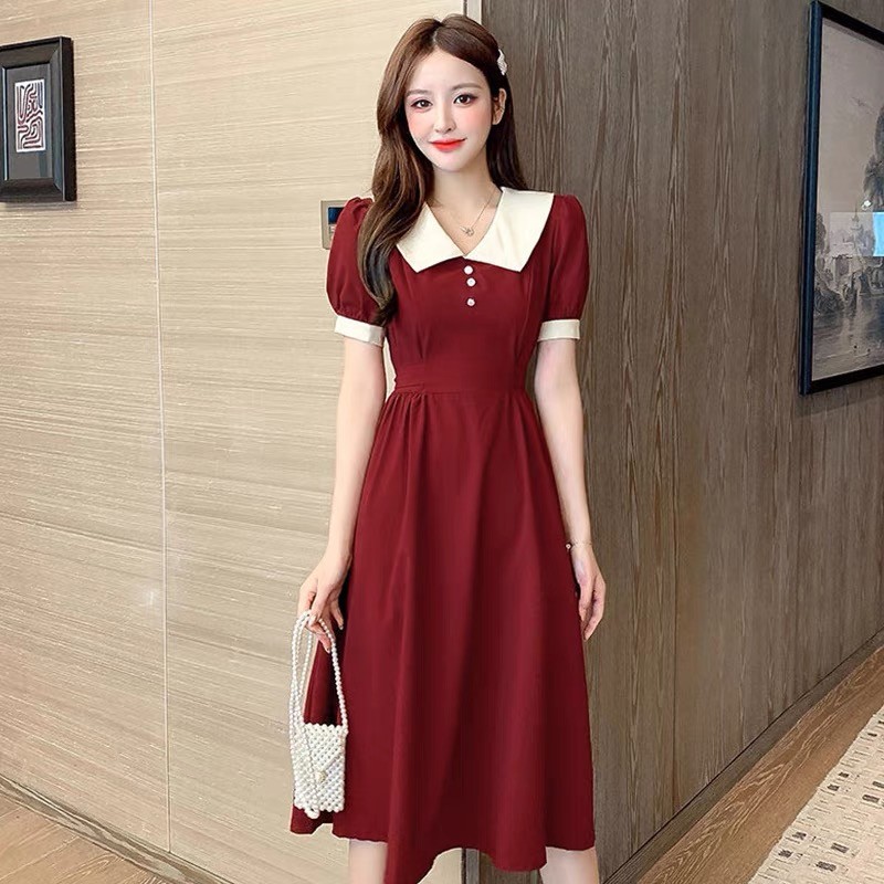 Gaun Pesta Mewah Elegan Korean Style 2025 Baju Long Dress Imlek Merah Wanita Lengan Pendek Terbaru