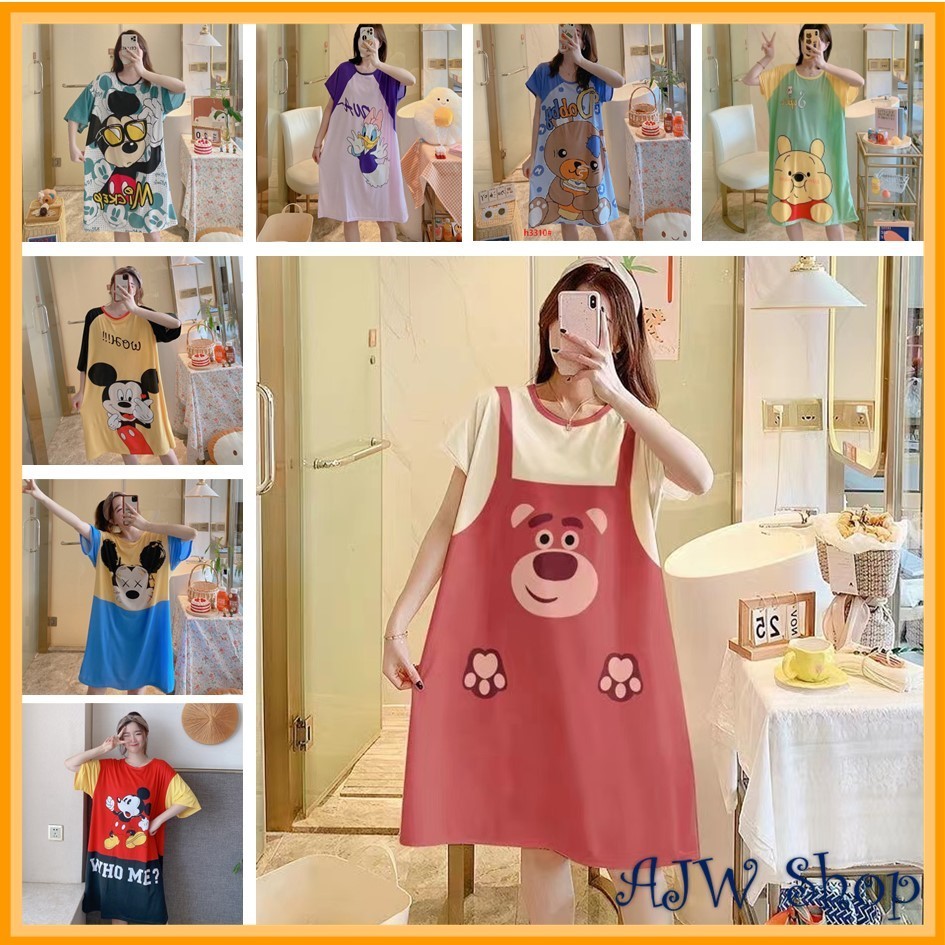 BAJU DASTER KAOS KOREA WANITA SPANDEK IMPORT LENGAN PENDEK KEKINIAN OVERSIZE JUMBO MOTIF KARAKTER PI