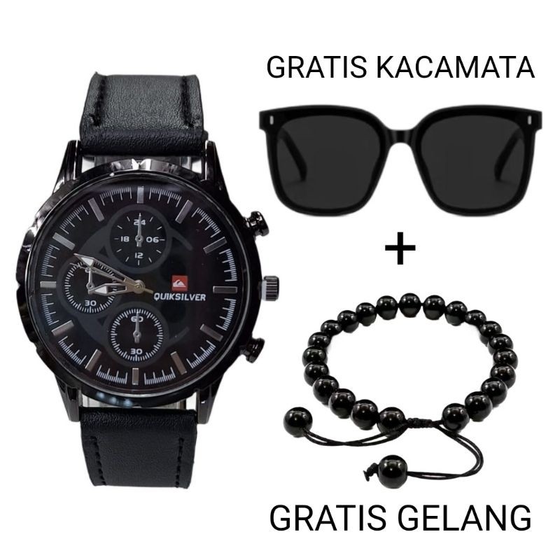 ready... jam tangan pria Quicksilver tali kulit free kacamata & gelang keren beli 1 dapat 3