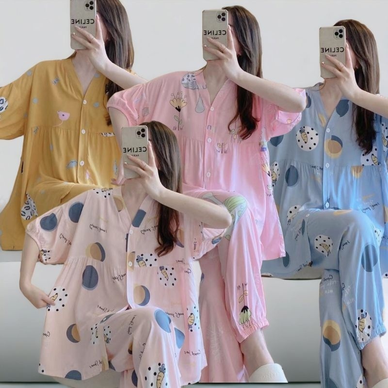 SETELAN SETCEL ONE SET BAJU TIDUR PIYAMA JUMBO CP WANITA DEWASA RAYON IMPORT KOREA BUSUI LENGAN PEND