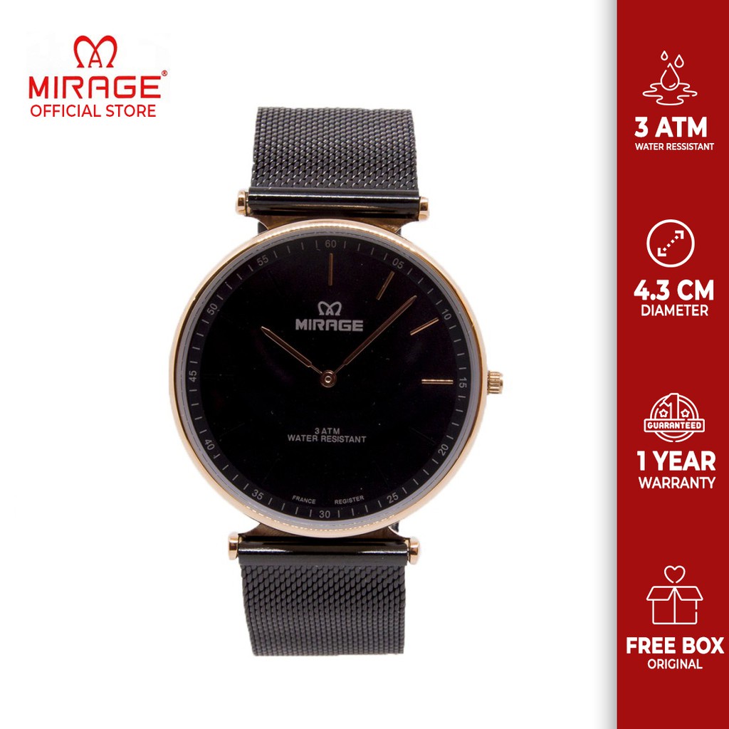 Jam Tangan Fashion Pria Original Garansi Mirage Stainless Steel Pasir Hitam Rosegold Anti Karat 8711
