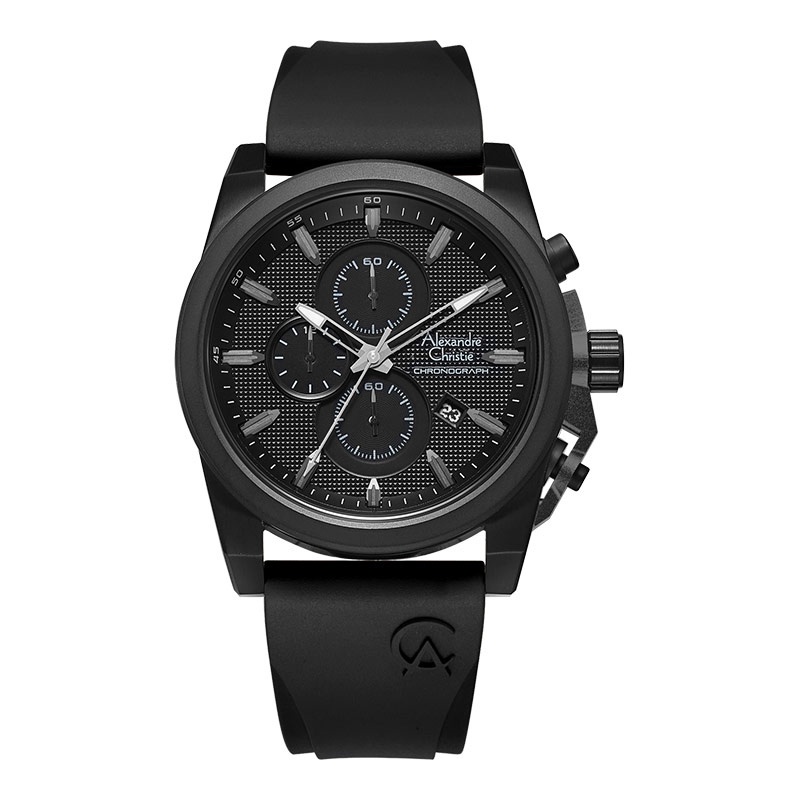 Jam Tangan Pria Alexandre Christie Chronograph AC 6659 MC RIPBA Men Black Dial Black Rubber Strap