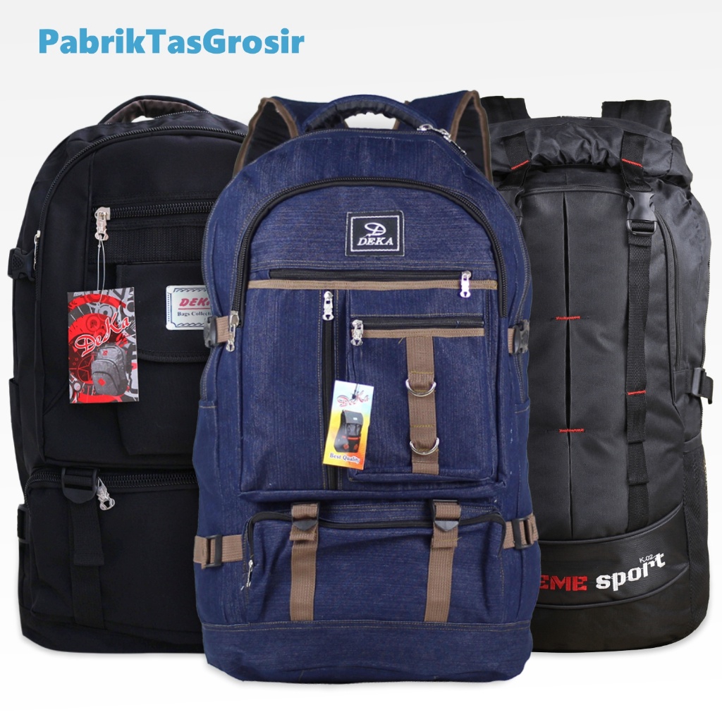 PY75RH Tas Distro Gunung Deka Pria Carrier 40 liter Kanvas Canvas Jeans Denim Warna Navy Bahan Tebal