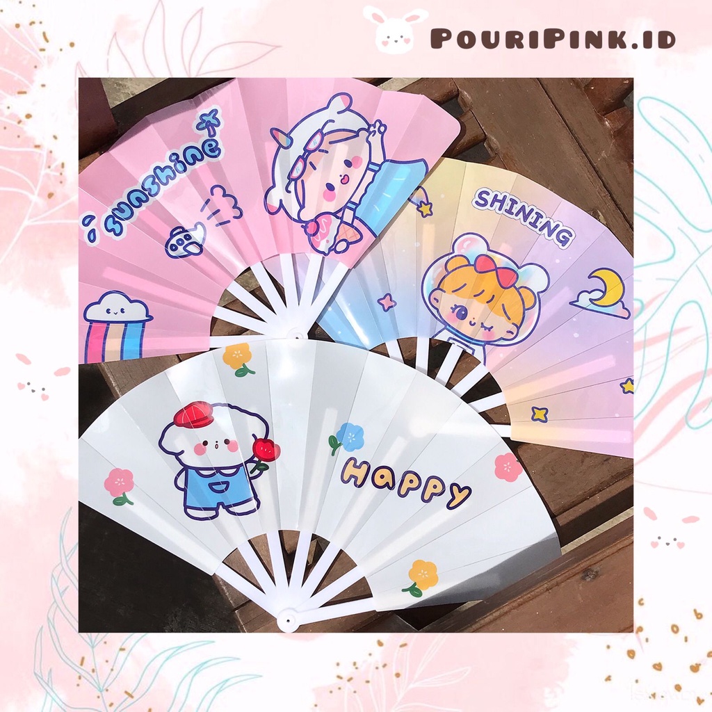 Kipas Tangan Lipat Karakter Summer Sweet Kartun Animal Girl Aesthetic Aksesoris Wanita Folding Fan C