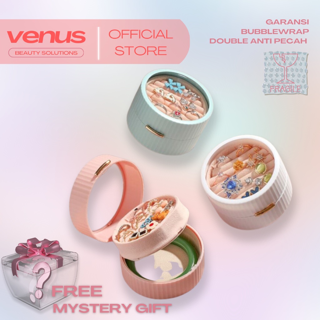 COD VENUSJKT - Kotak Perhiasan Bulat Mini Travel Jewelry Box Penyimpanan Kalung Gelang Emas Anting C